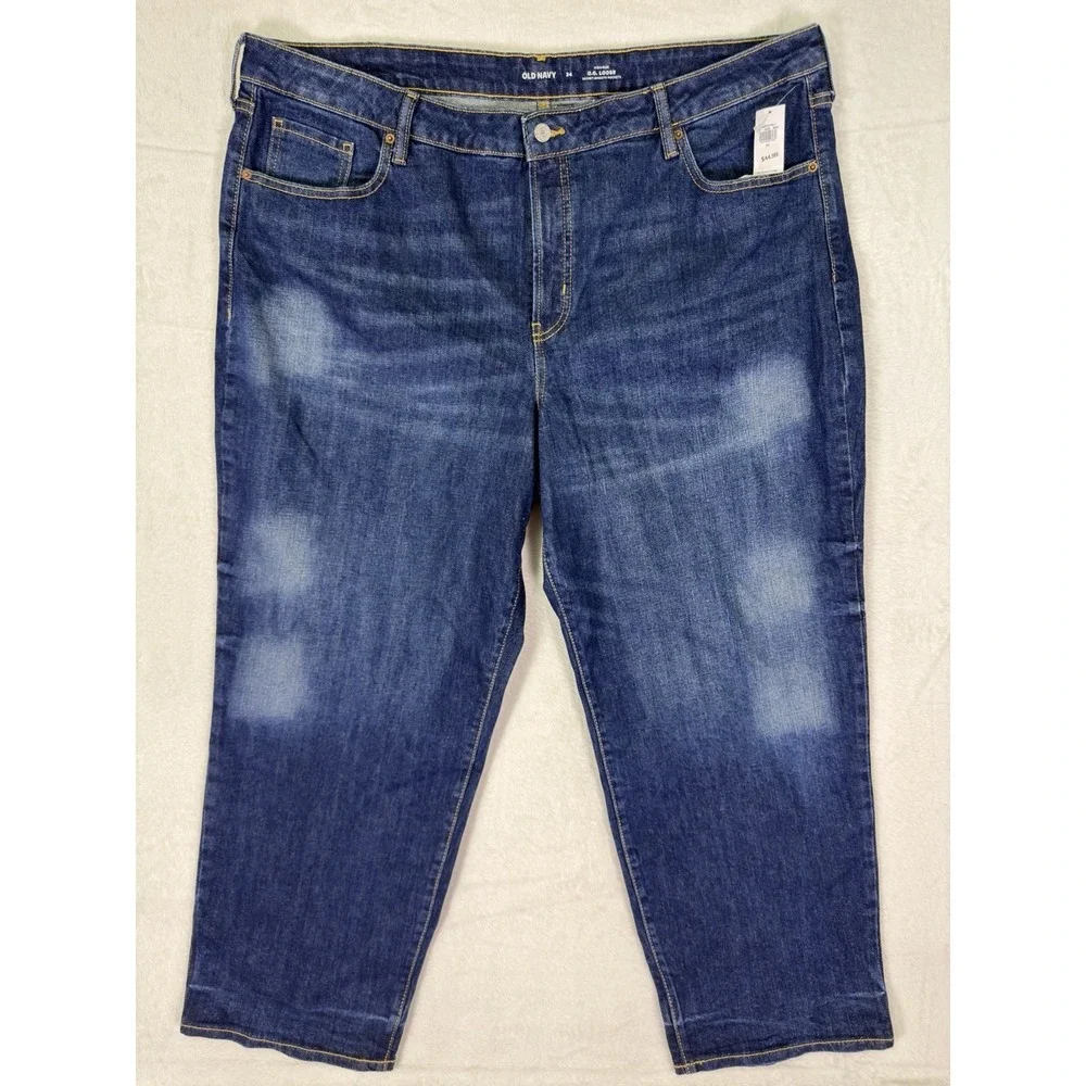 New Old Navy Jeans Womens 24 Plus Blue Dark Wash High Rise OG Loose Straight